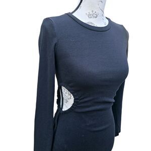 Zara -1222 Black Long Sleeve Side Tie Cutout Ribbed Knitted Bodycon Mini Dress S